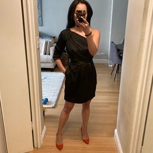 One Shoulder Black Satin Cocktail Party Dress w Pockets